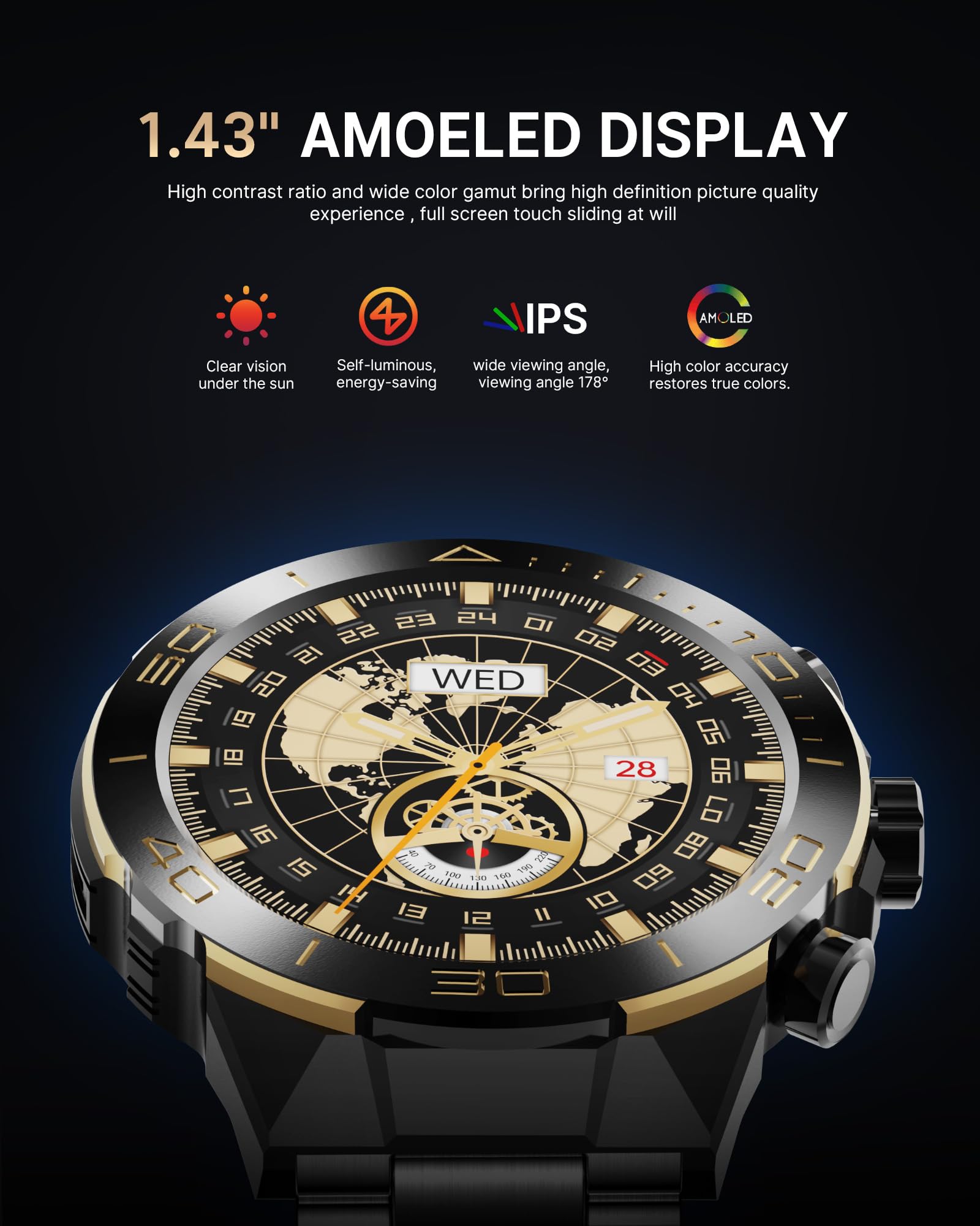 Smart Watch For Men Answer/Make Call For Android Iphone, 1.43 '' Amoled Hd Screen Mens Luxury Watch, 400Mah Heavy Duty Smartwatc